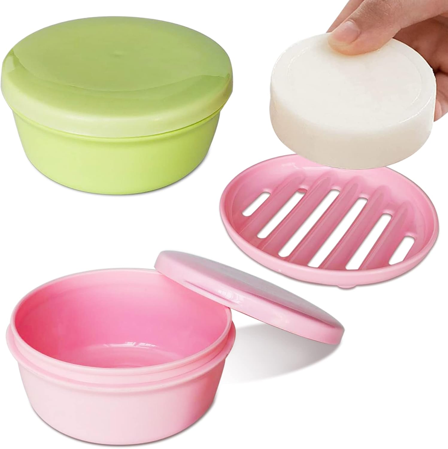 2 Pack Portable Round Soap Dishes, Plastic Soap Container with Lid Leak-Proof Drain Soap Box Holder Soap Container for Home Traveling Outdoor Hiking Camping Gym (Green + Pink)