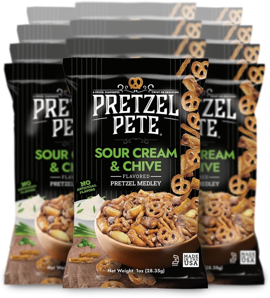 Pretzel Pete Sour Cream Chive Seasoned Pretzel Medley, Single Serve Pack, Nut-Free and Sesame-Free Snack, Small Batch, Bold Flavor (1oz, Pack of 24)