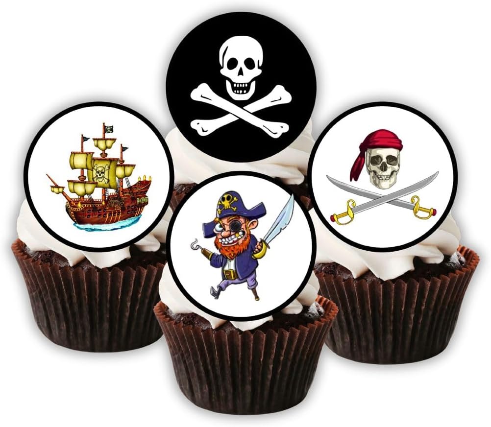 Pirate Edible Cupcake Toppers, Treasure Theme Edible Cake Decorations, Pirate Party Decorations for Cake Decorating, Pirates-Treasure Cookie Toppers for Birthdays PRECUT 24 x 4cm / 1.5 inch