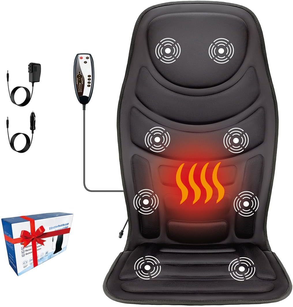 Back Massager with Heat,8 Vibration Motors Massage Chair Pad for Shoulder and Back, Deep Tissue Vibration Seat Cushion for Body Pain Relief，Home Office Chair Use, Gifts for Women,Men,Black