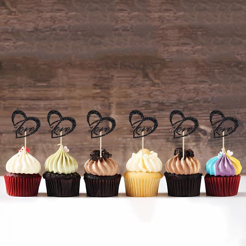 28Pcs Love Heart Cupcake Toppers Black Glitter Love Heart Wedding Ring for Marriage Engagement Anniversary Bridal Shower Valentines Birthday Party Cake Decorations Supplies
