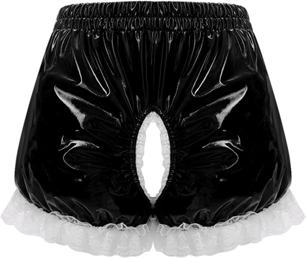 Womens Bloomers Maid Ruffle Pumpkin Boxer Shorts Patent Leather Hollowing Out Crotch Hot Pants