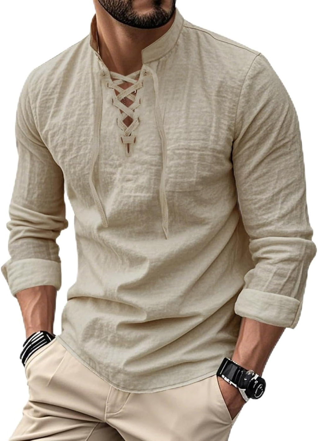 Men's Vintage V-Neck T-Shirt Linen Pirate Medieval Viking Gothic Tops Shirts Long Sleeved, Casual, Breathable