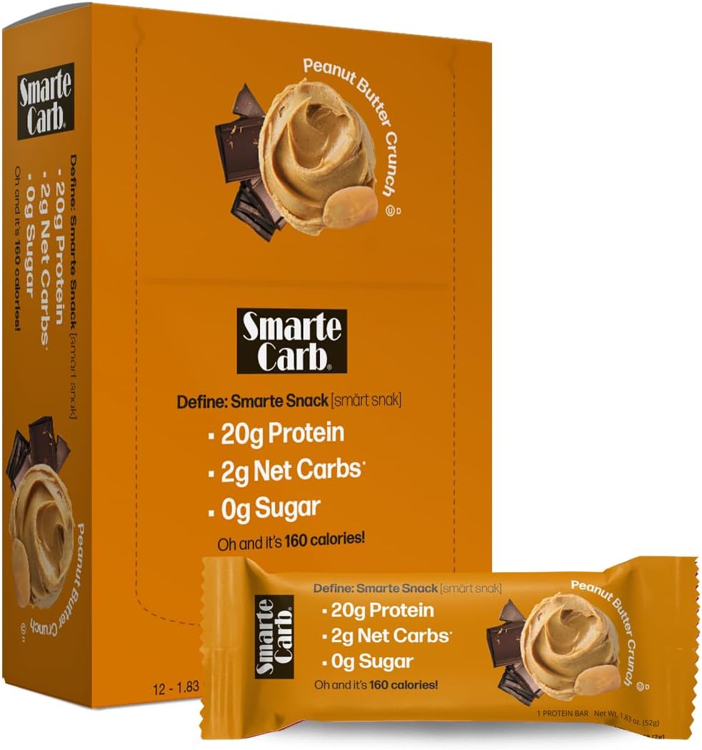 NuGo Smarte Carb 20g Protein 0g Sugar, 2g Net Carbs 160 Calories Brown, Sugar free Peanut Butter Crunch, 12 Count