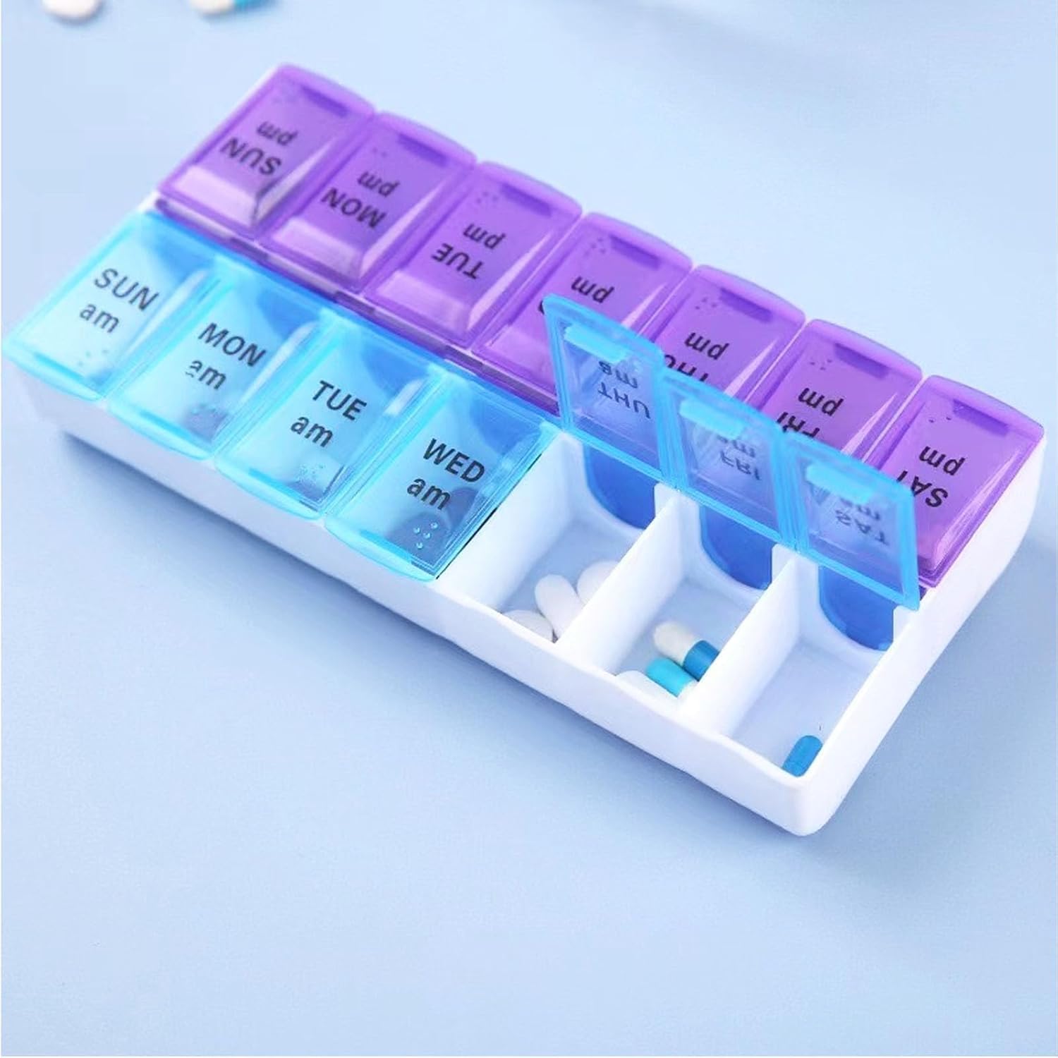7-Day Weekly Pill Organizer and Daily Vitamin Case - Pill Box for Medication Management 14 Compartments—Perfect for Home, Travel, or The Office. Plus, (Purple/Blue)