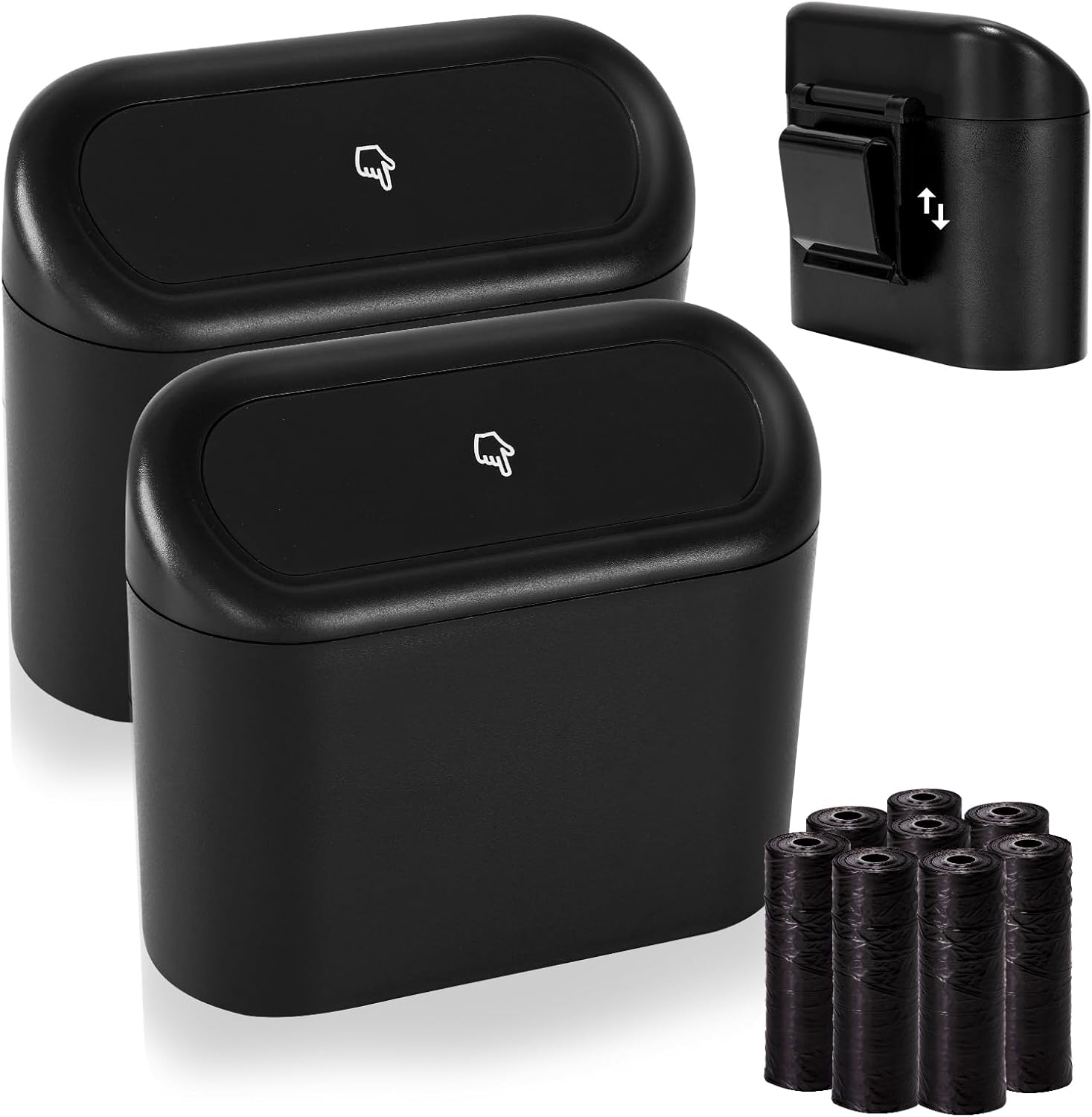 Ginsco 2 Pack Mini Car Trash Can with Lid, Small Car Garbage Can, Cute Leakproof ABS Trash Bin, Cars Accessories for Interior, Garbage Bin for Car, Home, Office with 120pcs Trash Bags Black