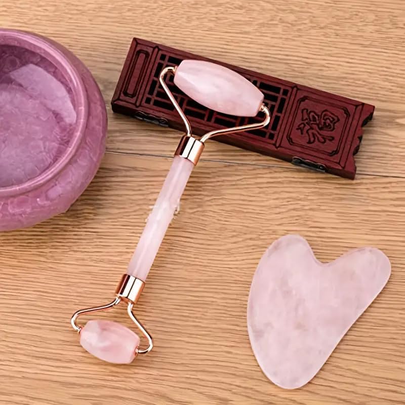 2pcs Jade Facial Roller & Scraping Set - Natural Stone Beauty Massage Tool Set for Face, Eyes, Neck - Unscented, Manual Treatment, No Batteries Required