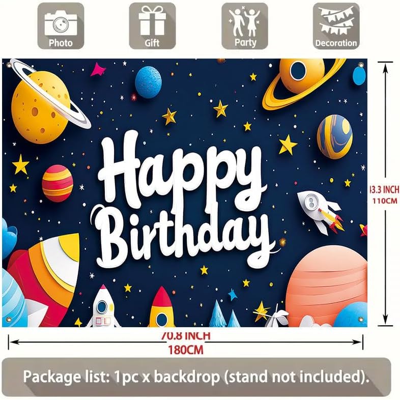 Space Happy Birthday Banner for Kids – Cartoon Rocket Planet Galaxy Party Decorations, Outer Space Theme Birthday Backdrop Supplies for Boys Girls 71x43 in