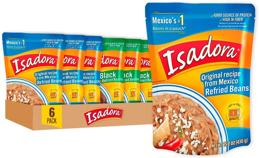 Isadora Refried Beans Variety Pack (6 Pack, 3 Each), Delicious Original and Black Refried Pinto Beans in Pouch, Gluten Free Microwave Food Premade Meals, Plant Based Protein,15 oz Bags