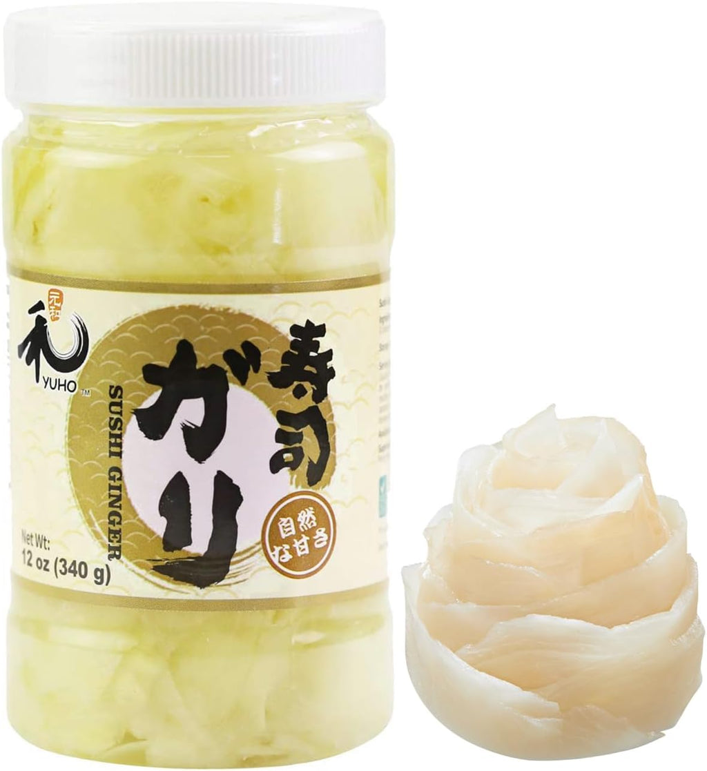 YUHO Pickled Sushi Ginger, Japanese White Gari Sushi Ginger Fat Free, Sugar Free, Kosher, BRC, No MSG, Low cal 12 oz
