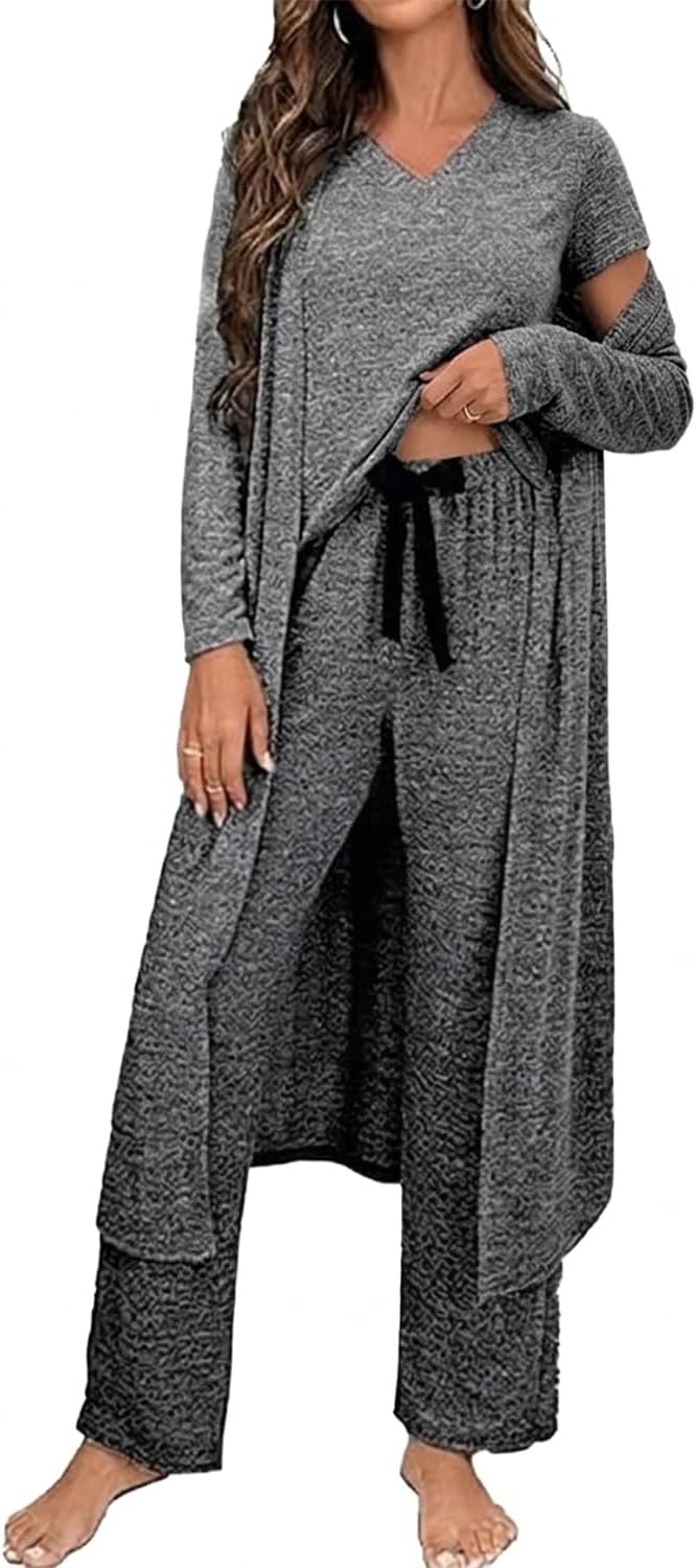 Opemiby Womens Pajamas Set Knitted T Shirt and Pants Lounge Set with Cardigan 3 Pieces Sleepwear Pjs Sets Loungewear