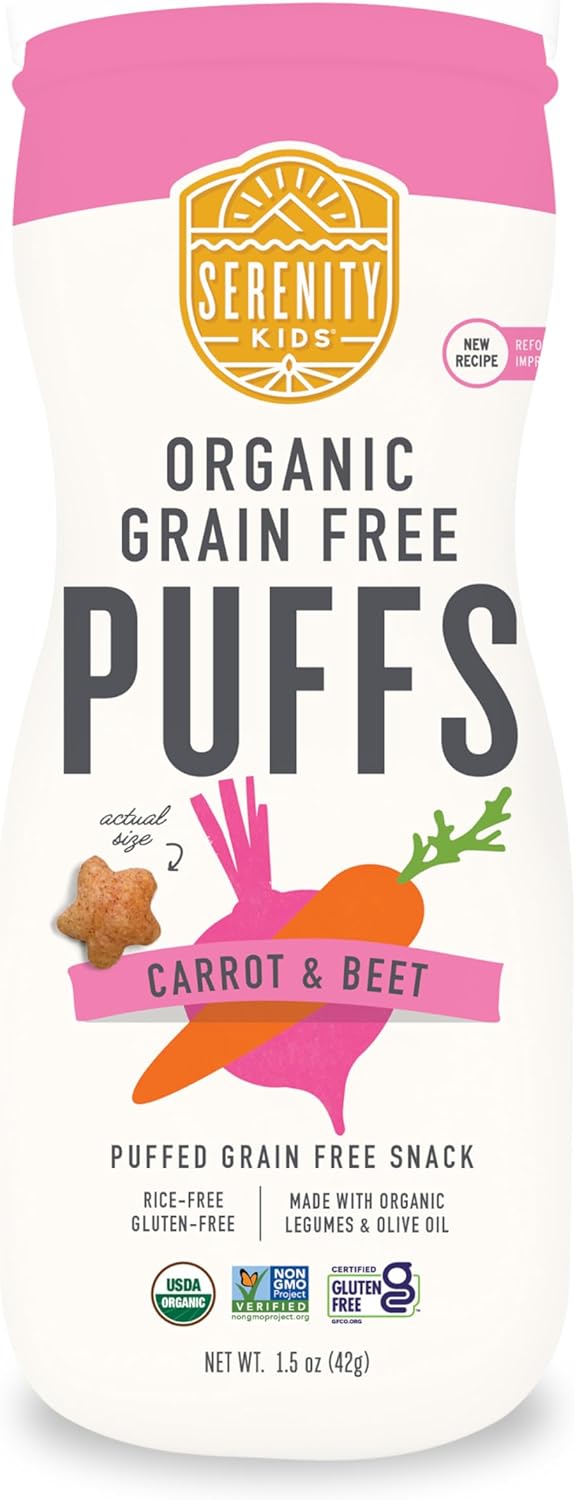 Serenity Kids 6+ Months Baby Veggie Puffs - Carrot & Beet, 1.5 Oz Pack of 6 - Melt-In-Mouth Infant Food - Grain-Free & Gluten-Free Toddler Snacks - USDA Organic Baby Snack