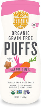 Serenity Kids 6+ Months Baby Veggie Puffs - Carrot & Beet, 1.5 Oz Pack of 6 - Melt-In-Mouth Infant Food - Grain-Free & Gluten-Free Toddler Snacks - USDA Organic Baby Snack