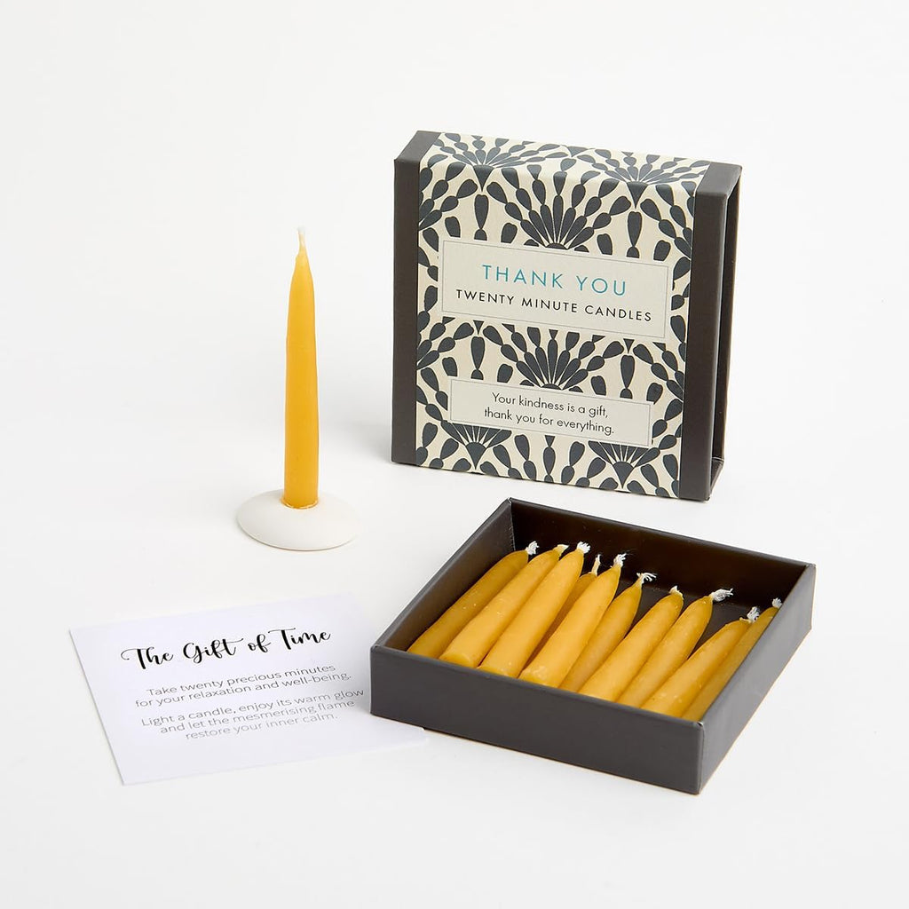 Signature Collection – Thank You Candle Set by Cotton & Grey – 12 Pure Beeswax Twenty Minute Candles with Ceramic Holder for Relaxation, Mindfulness and Well-Being
