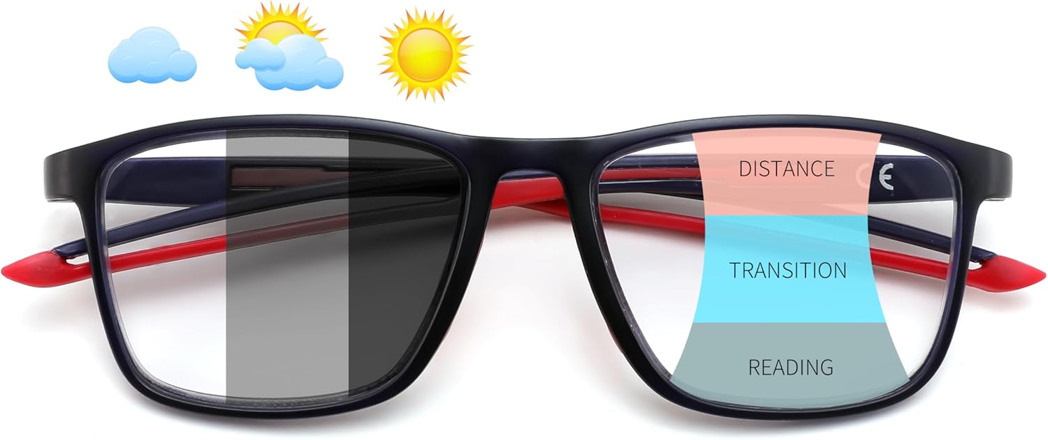 FEISEDY Progressive Multifocal Reading Glasses for Women Men Blue Light Blocking Near-Far Dual Use Sports Square Frame B0397