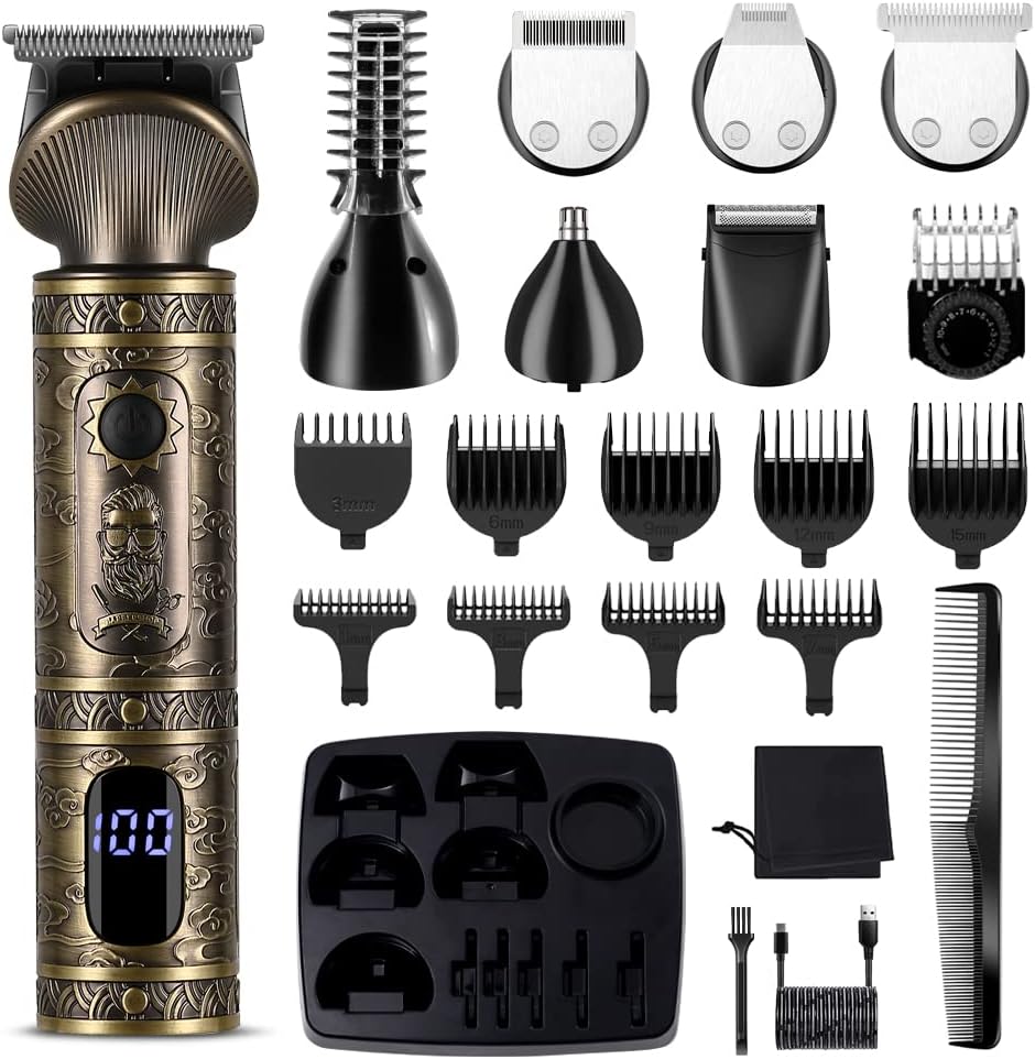 Beard Trimmer Kit Professional Hair Clipper Zero Gapped T-Blade Electric Shaver Razor Nose Body Trimmer for Men Cordless Grooming Kit 7 in 1