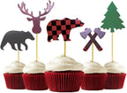 ALISSAR 30-Pack Lumberjack Cupcake Toppers, Buffalo Plaid Baby Bear Tree Cupcake Topper for Campfire Lumberjack Party Supplies Baby Shower Dcoration.