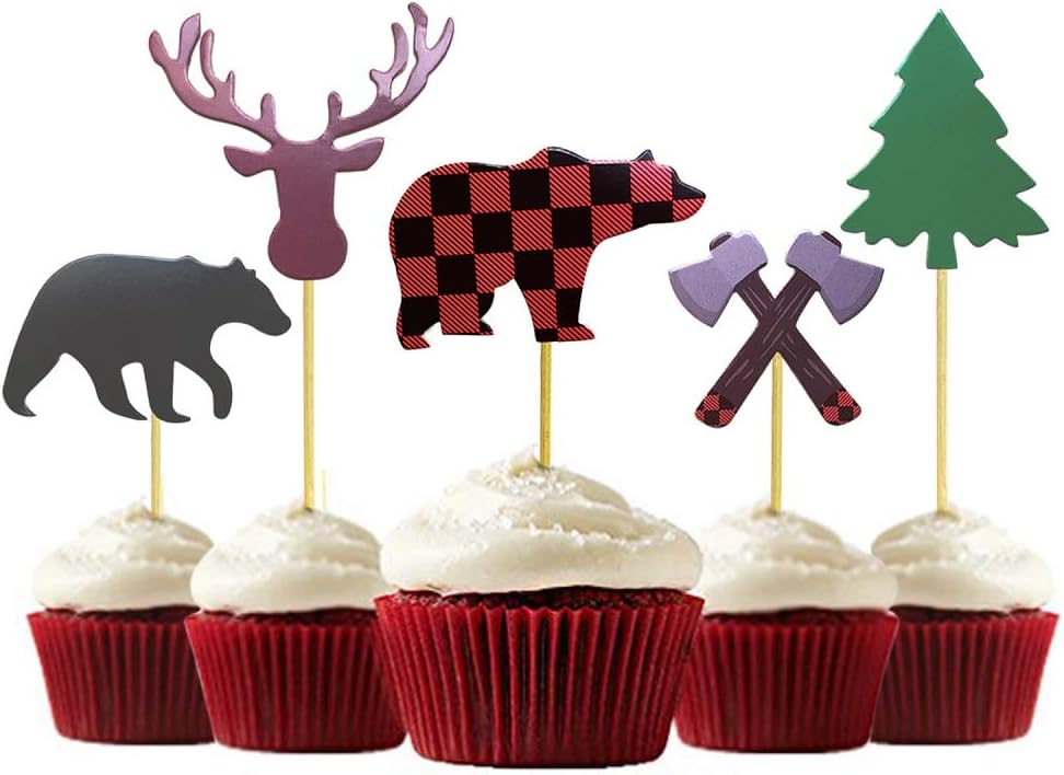 ALISSAR 30-Pack Lumberjack Cupcake Toppers, Buffalo Plaid Baby Bear Tree Cupcake Topper for Campfire Lumberjack Party Supplies Baby Shower Dcoration.