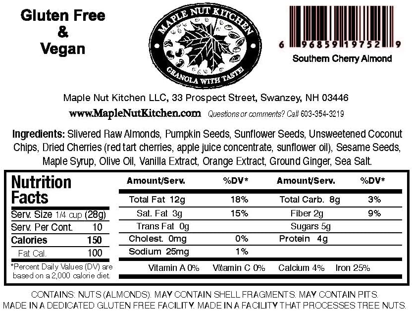 Maple Nut Kitchen Southern Cherry Almond Granola 10 oz – Paleo Grain Free Nut Granola with Tart Cherries, Coconut & Seeds – No Sugar Added, Oat Free, Gluten-Free, Vegan, High Protein, Low Carb Cereal