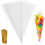 YFANITI Cone Cellophane Bags,100 PCS Cone Shaped Cellophane Treat Bags with twist Ties,Transparent Cone Cello Sweet Treat Bags for Party Favor(11.8x7.1 Inch)