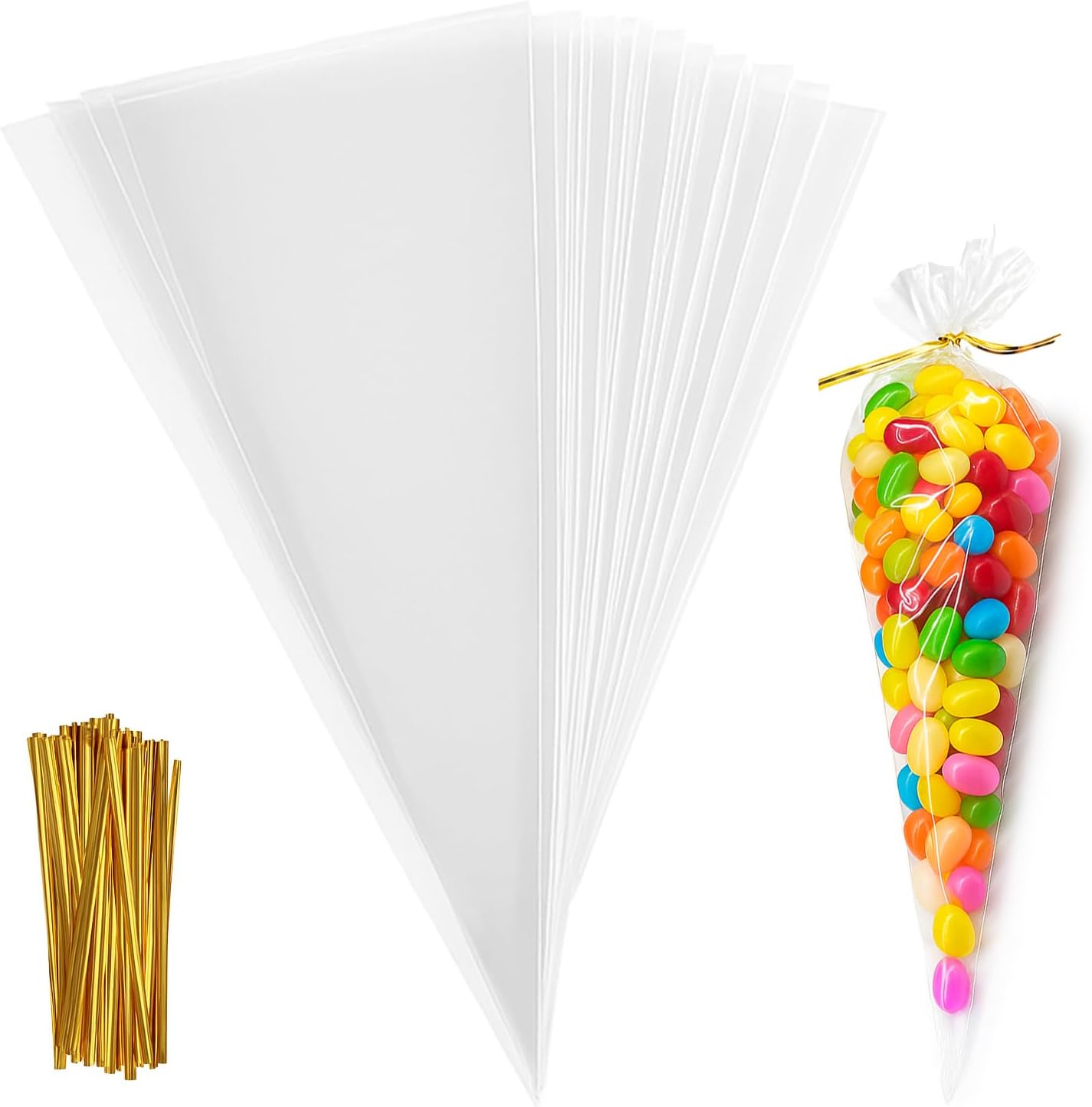 YFANITI Cone Cellophane Bags,100 PCS Cone Shaped Cellophane Treat Bags with twist Ties,Transparent Cone Cello Sweet Treat Bags for Party Favor(11.8x7.1 Inch)