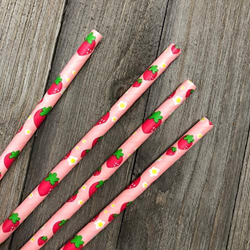 Paper Drinking Straws, Red Pink Green, 100 Count, Strawberry Design