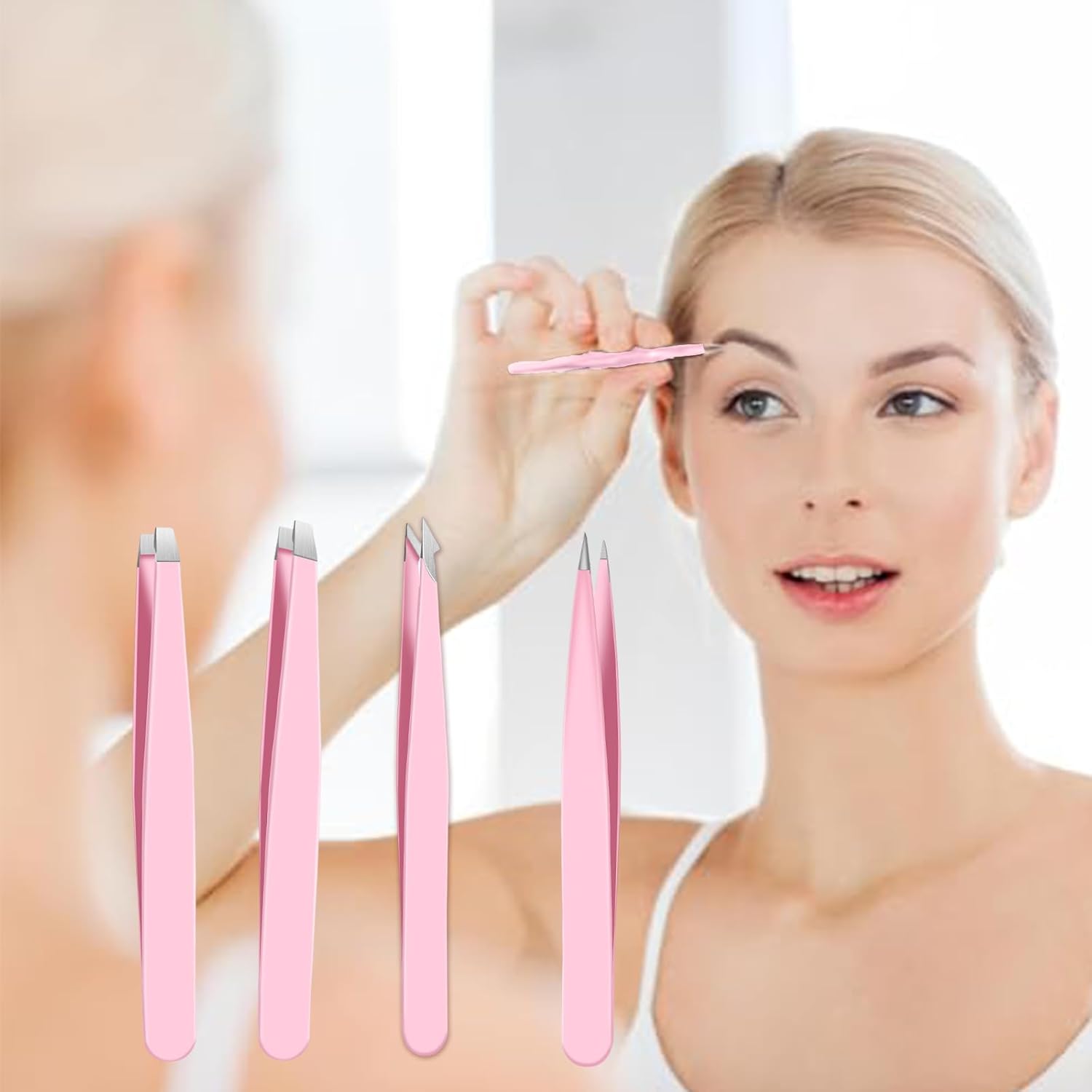 4 pack Tweezers Set, Precision Stainless Steel Straight Curved for Professional Eyelash Artists(Pink)