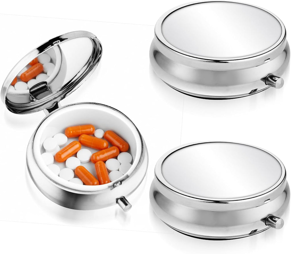 2Pcs Mini Pill Box, Portable Travel Medicine Pill Case, Small Metal Pills Container Holder to Hold Vitamins, Medication, Fish Oil and Supplements for Pocket or Purse (1 Compartment, Silver)