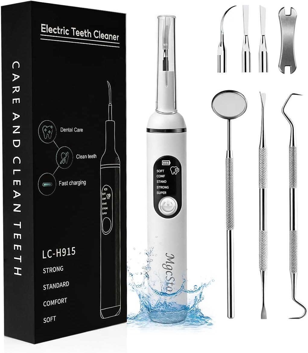 Ultimate Electric Teeth Cleaner - Ultrasonic Tooth Cleaning, Violet Light Protection, 316F Stainless Steel Heads, 5-Speed Modes, IPX6 Waterproof, Oral Care Kit with 11 Accessories‌ (White)