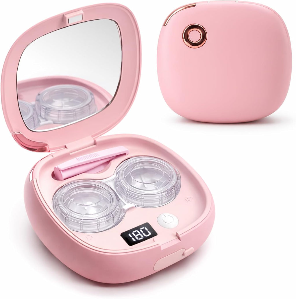 Vastsoon Ultrasonic Contact Lens Cleaner Machine – Portable, Rechargeable Cleaning Kit with 4 Contact Lens Solution Cases, Applicator & Removal Tools – for Travel & Home Use (Pink)
