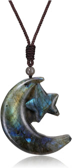 GEHECRST Labradorite Crystal Necklace for Women Natural Gemstone Carved Moon Star Healing Stone Energy Protection Adjustable Pendant Necklace Jewelry Gift for Mom Mothers Day