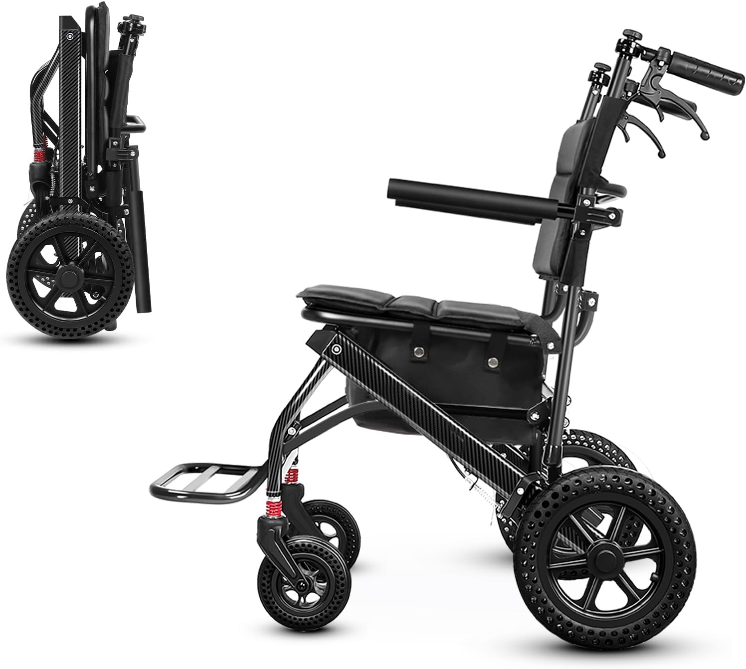 Nihhcune Foldable Wheelchair for Seniors, Ultra Lightweight Rolling Transport Chair with One-Hand Fold No Installation Portable Travel Wheelchair with Handbrake Seat Belt Storage Bag, 300lb Capacity