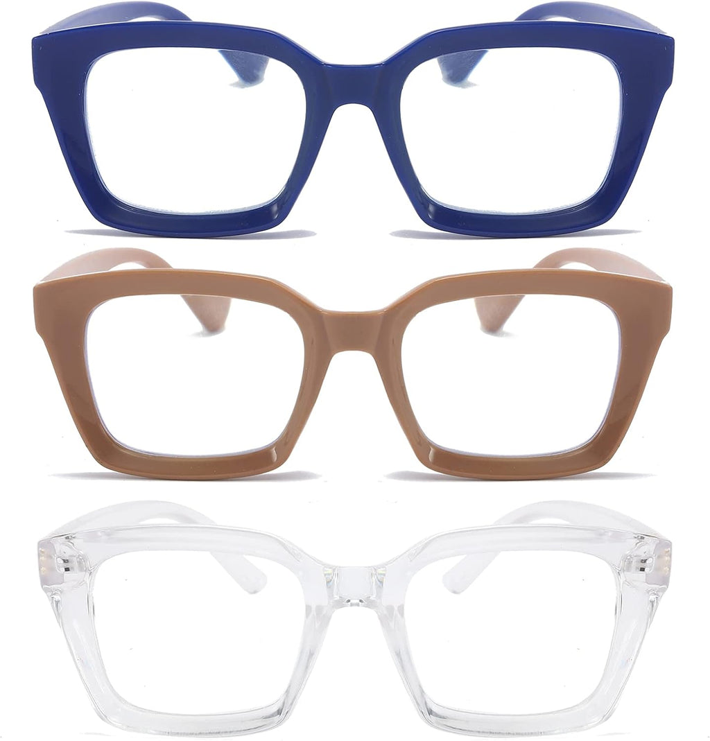 DXYXYO 3 Pack Oprah Style Oversized Computer Glasses Men and Women Fashion Square Blue Light Blocking Reader without Magnification