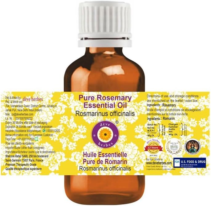 Deve Herbes Pure Rosemary Essential Oil (Rosmarinus officinalis) Steam Distilled 15ml (0.50 oz)