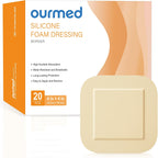 Ourmed Silicone Foam Dressings(4"x 4" - 20 Packs) with Tender Adhesive Border, Sterile Advanced Absorbent Bandage, Wound Care for Bed Sores, Pressure Ulcers, Foot Diabetic Ulcer