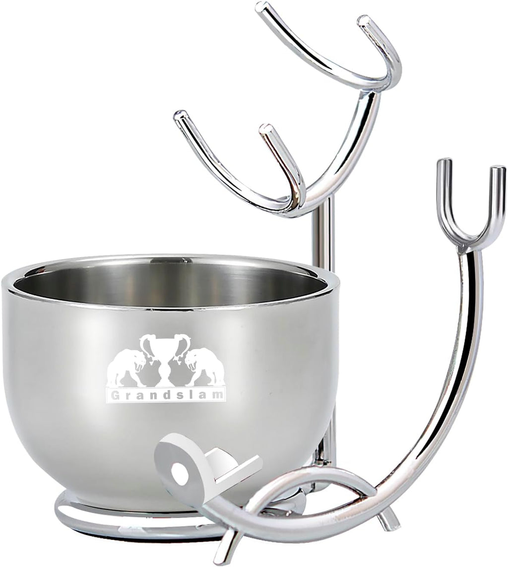 Grandslam Razor & Brush Stand with Double Stainless Steel Bowl Set for Shave Soap, Safety & Straight Razors, Silver