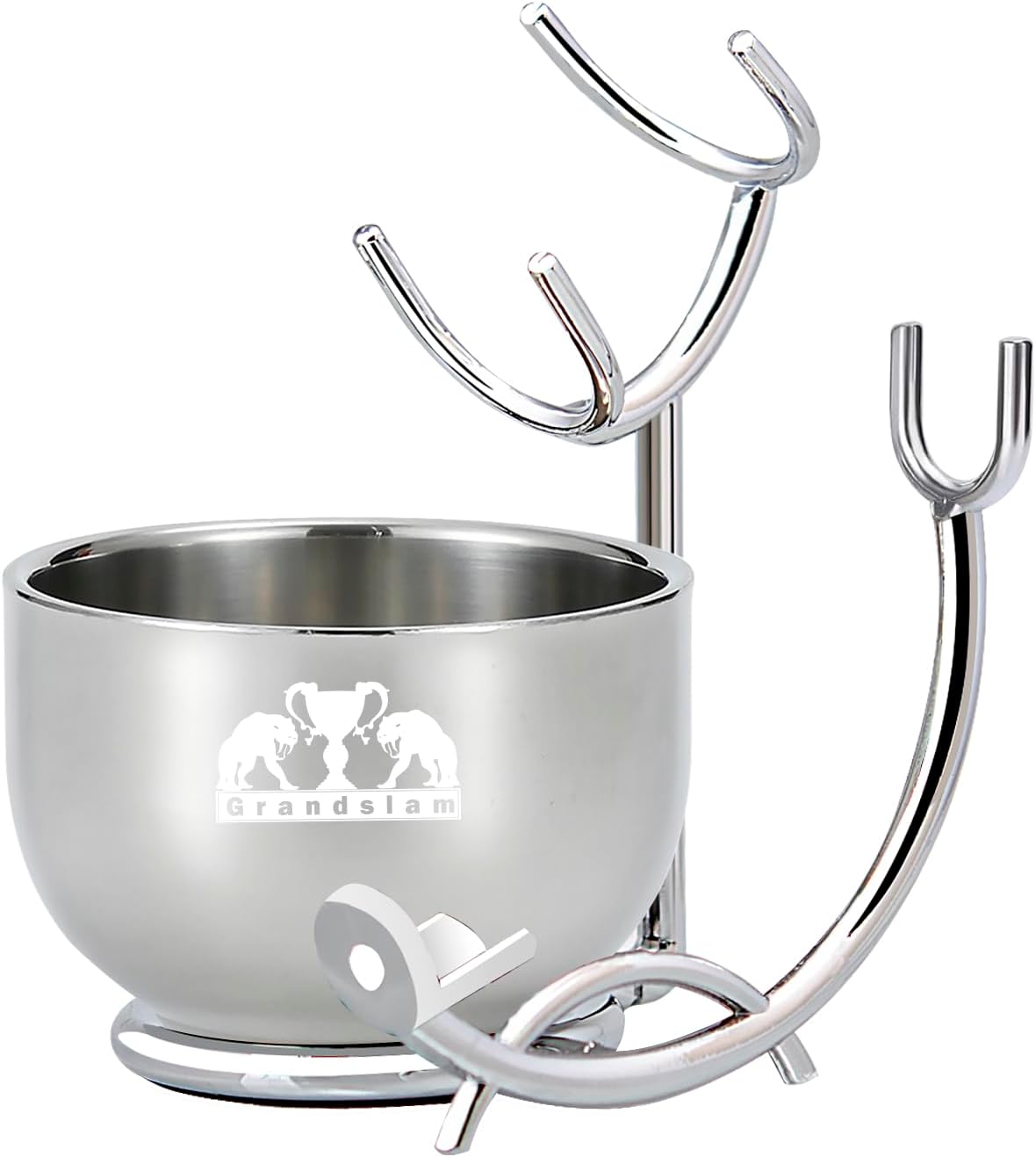 Grandslam Razor & Brush Stand with Double Stainless Steel Bowl Set for Shave Soap, Safety & Straight Razors, Silver