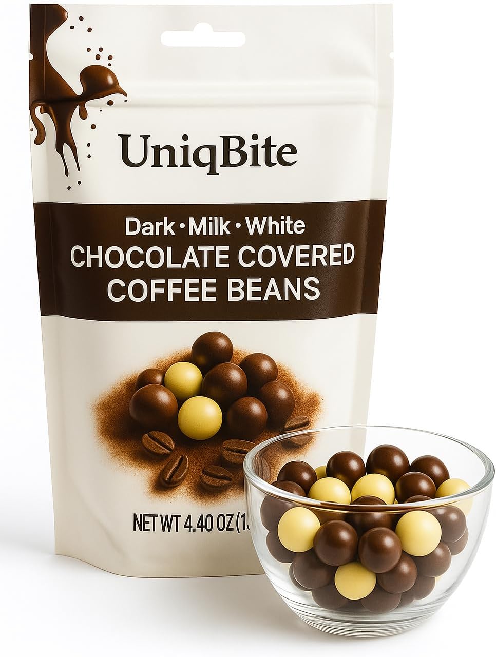 UNIQBITE Chocolate Covered Coffee Beans, 4.4 Oz, Mixed Chocolate Dragees with Whole Roasted Coffee, White-Dark-Milk Chocolates, Resealable Bag