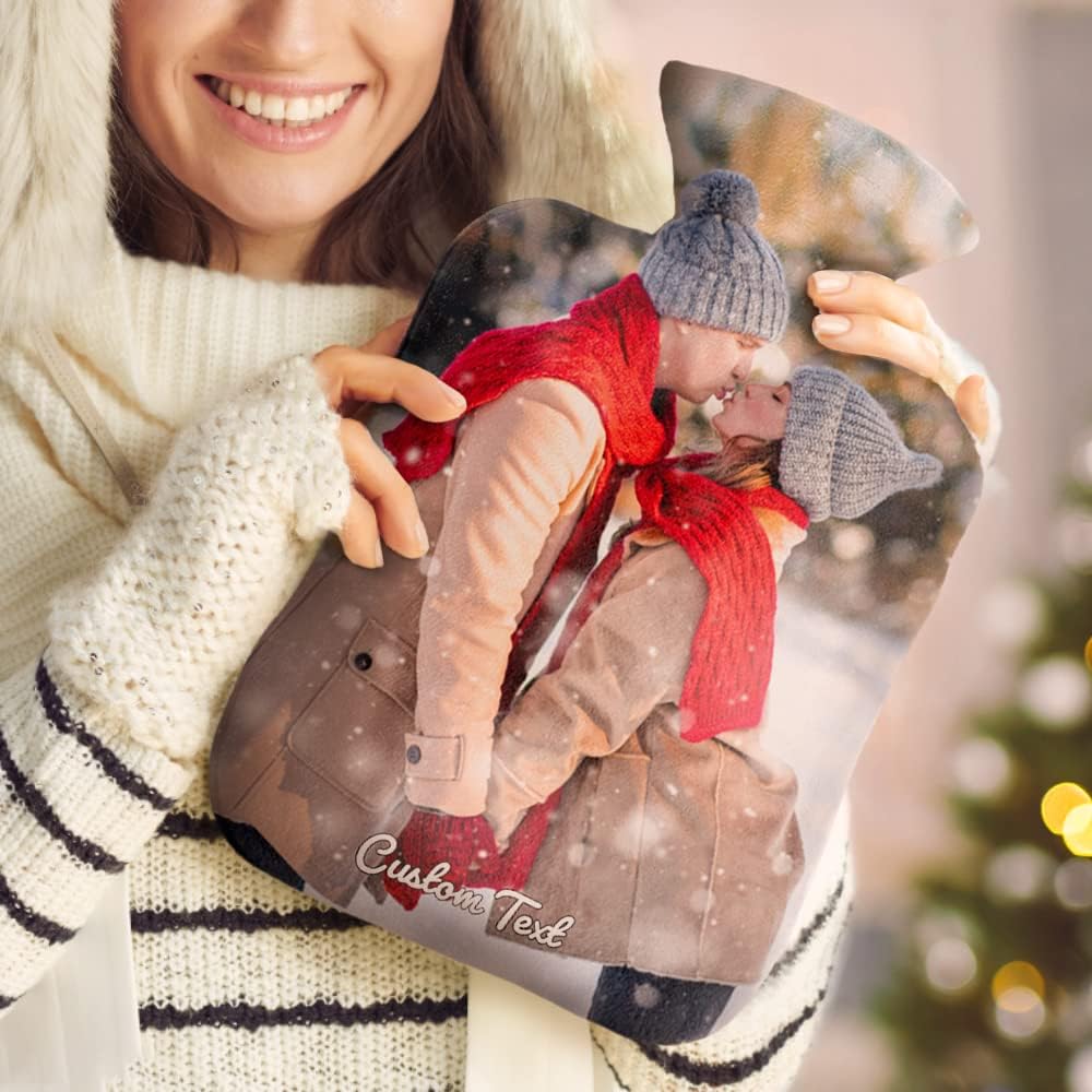 Personalized Hot Water Bottle with Cover Custom Photo and Text Warm Fleece Rubber Picture Hot Water Bottle Chrstmas Unique Winter Gift for Women Girls Kids Couples