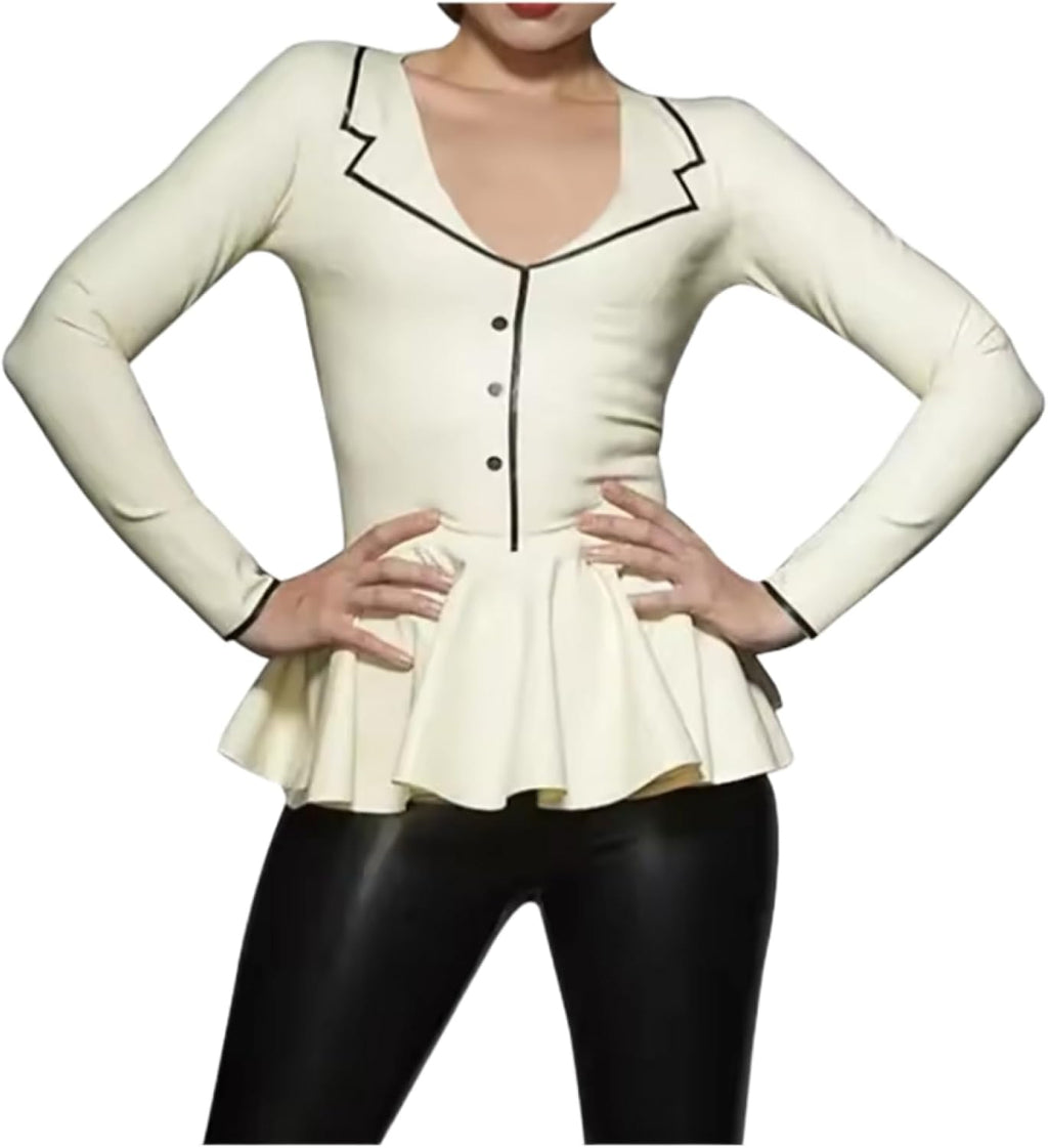 White Latex Shirt Buttons Front Pleated Bottom Turn Down Collar Rubber Blouse Top Clothing