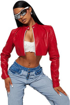 Women's Faux Leather Jacket Cropped Leather Jacket Women Bomber Motorcycle Jacket y2k Jacket