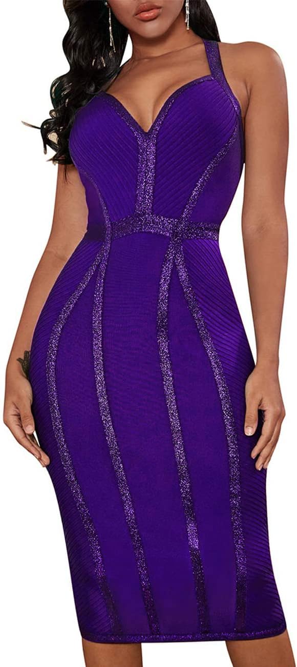 whoinshop Women's Bandage Halter V Neck Midi Cocktial Bodycon Club Party Dress