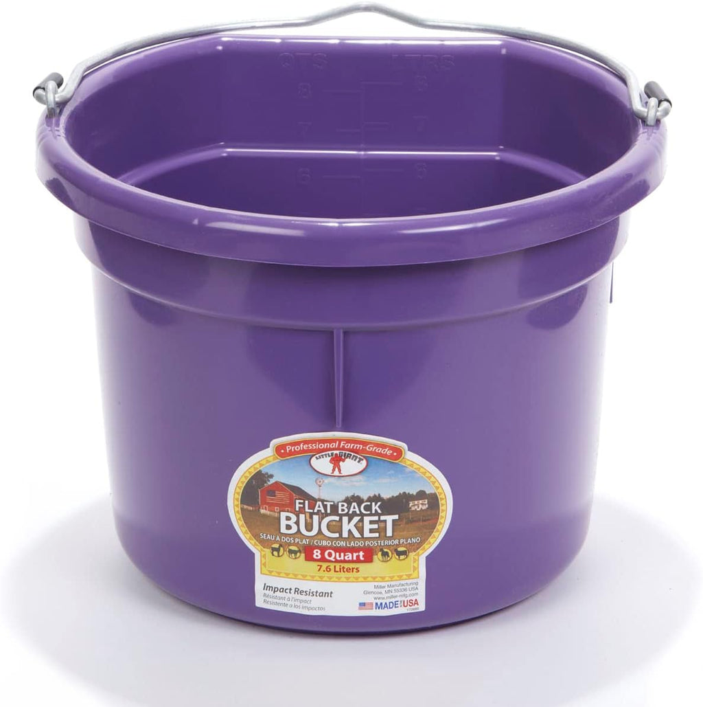 Little Giant® Flat Back Plastic Animal Feed Bucket | Animal Feed Bucket with Metal Handle | Horse Stall Feeding and Watering Supplies (Purple, 8 Quart)