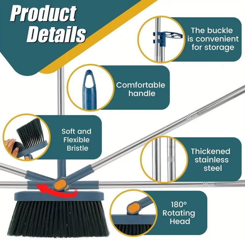 2-in-1 Broom with Dustpan Combo Set,Long Handle Broom Dustpan Combo with Dustpan Teeth to Automatically Clean Hair for Home, Indoor or Outdoor Cleaning Hall Floor (Blue)