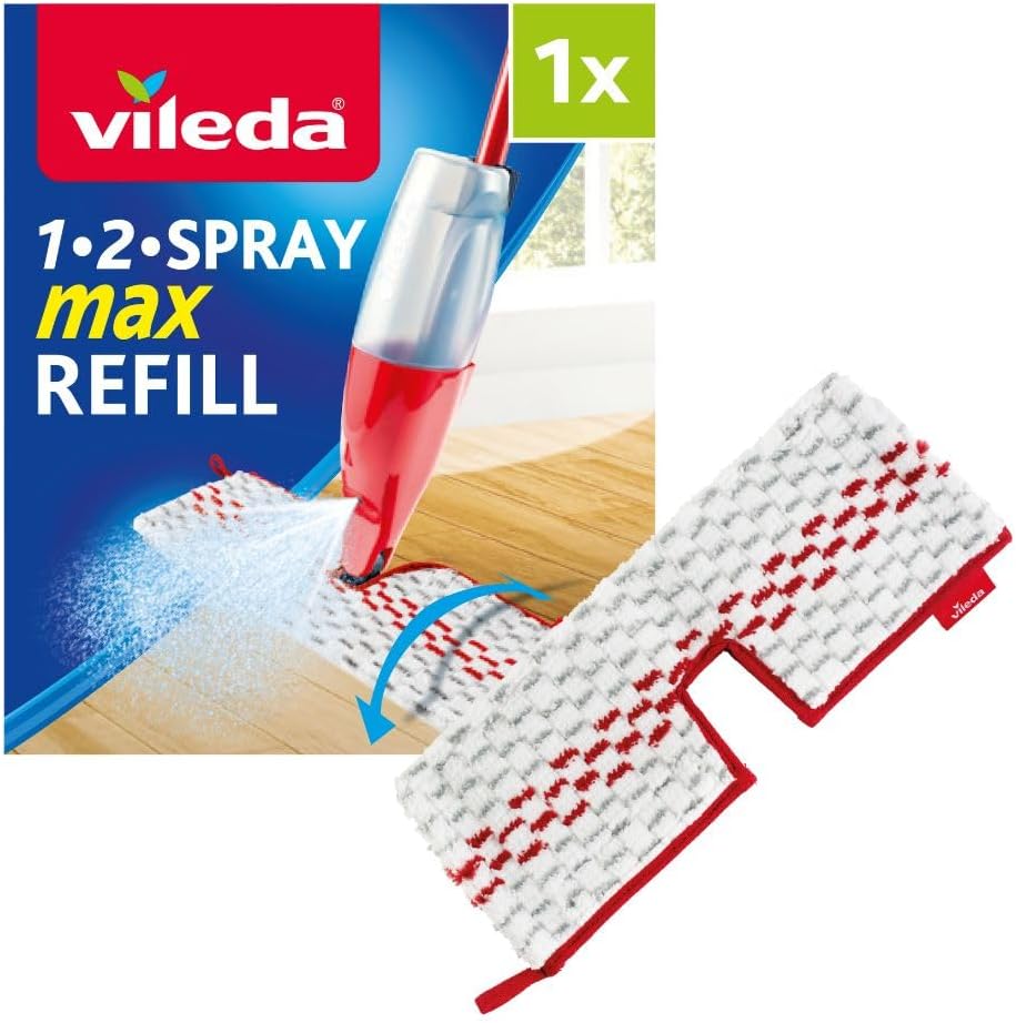 Vileda 1-2 Spray Max Refill - Double-Sided Cleaning for Wet & Dry Use - Fits 1-2 Spray Max - Authentic Vileda Mop Head Replacement - Machine Washable