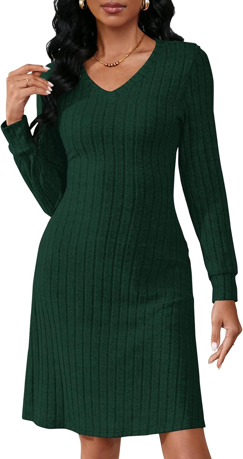PerZeal Women's Casual V Neck Long Sleeve Knit 2026 Trendy Spring Dresses Solid Color A Line Midi Dress Sweater Dress