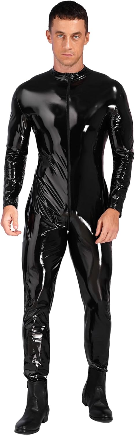 YiZYiF Men's Wet Look PVC Leather Long Sleeves Catsuit Bodysuits Zipper Full Body Leotard Jumpsuit