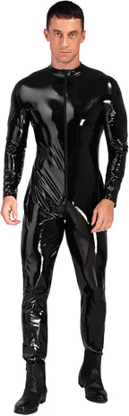 YiZYiF Men's Wet Look PVC Leather Long Sleeves Catsuit Bodysuits Zipper Full Body Leotard Jumpsuit