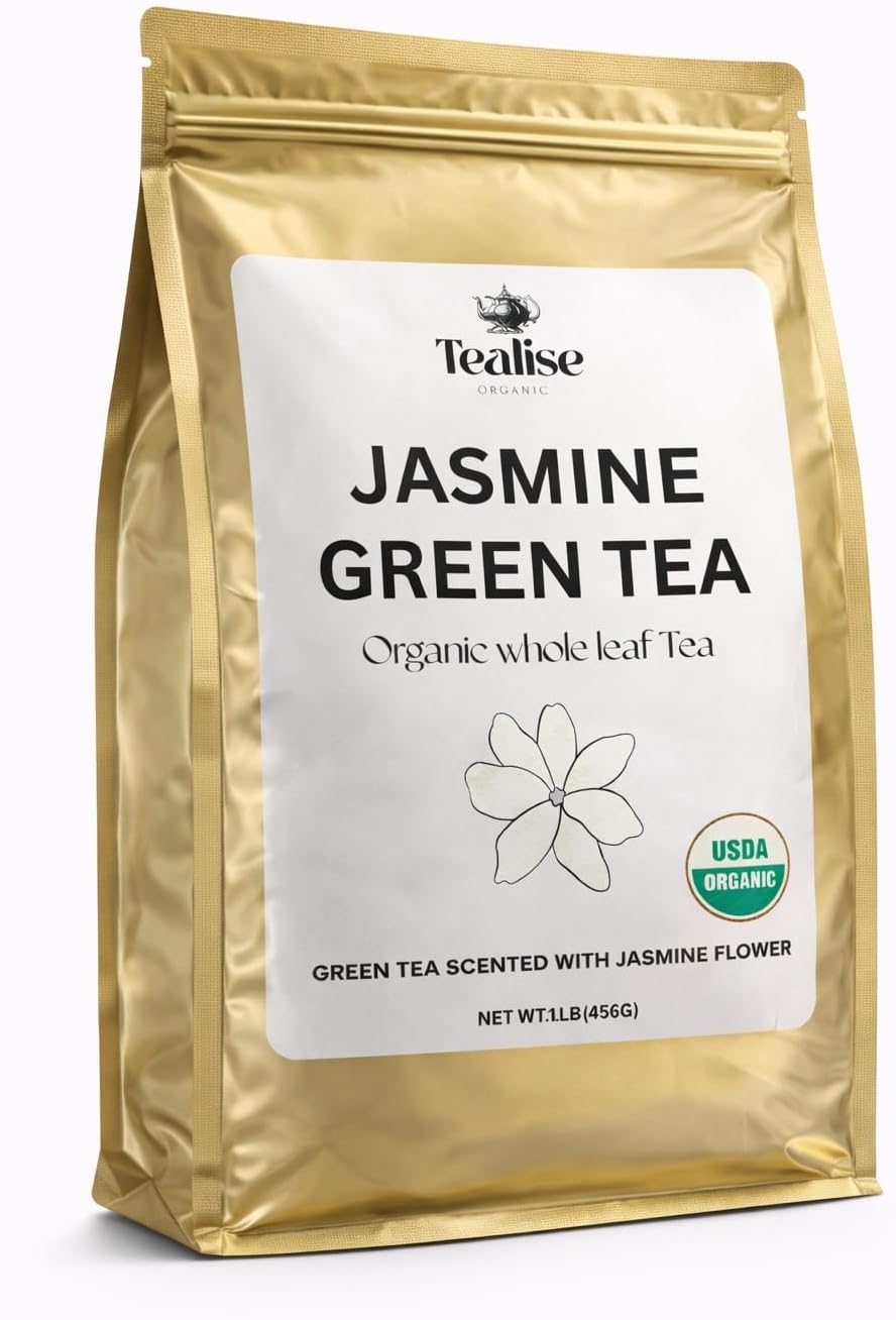 Organic Jasmine Green Tea Loose Leaf Whole Leaf, USDA Organic Smooth Floral Aroma Antioxidant Rich Green Tea 1 lb (456g) About 228 Servings by Tealise