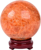JIC Gem Natural Sunstone Sphere Ball with Wooden Stand for Fengshui Rare Healing Crystal Decoation Meditation Energy Reiki (90-100mm)